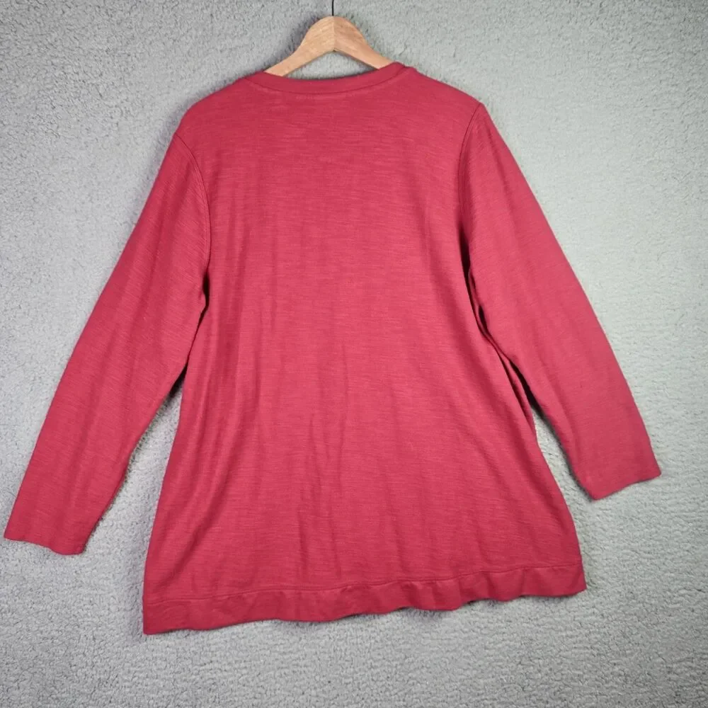 J Jill Womens Tunic Top 2X Red Cotton Blend V Neck Long Sleeve Plus Size Soft